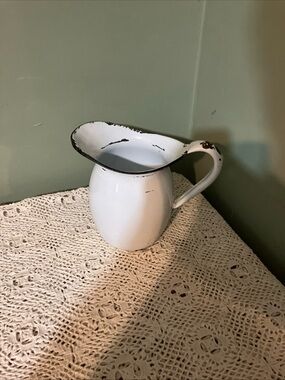 Vintage White Enamel Pitcher with Navy Trim – Rustic Farmhouse Charm
